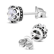 Vintage Royal Crown Celtic Clear CZ Sterling Silver Stud Earrings - e455